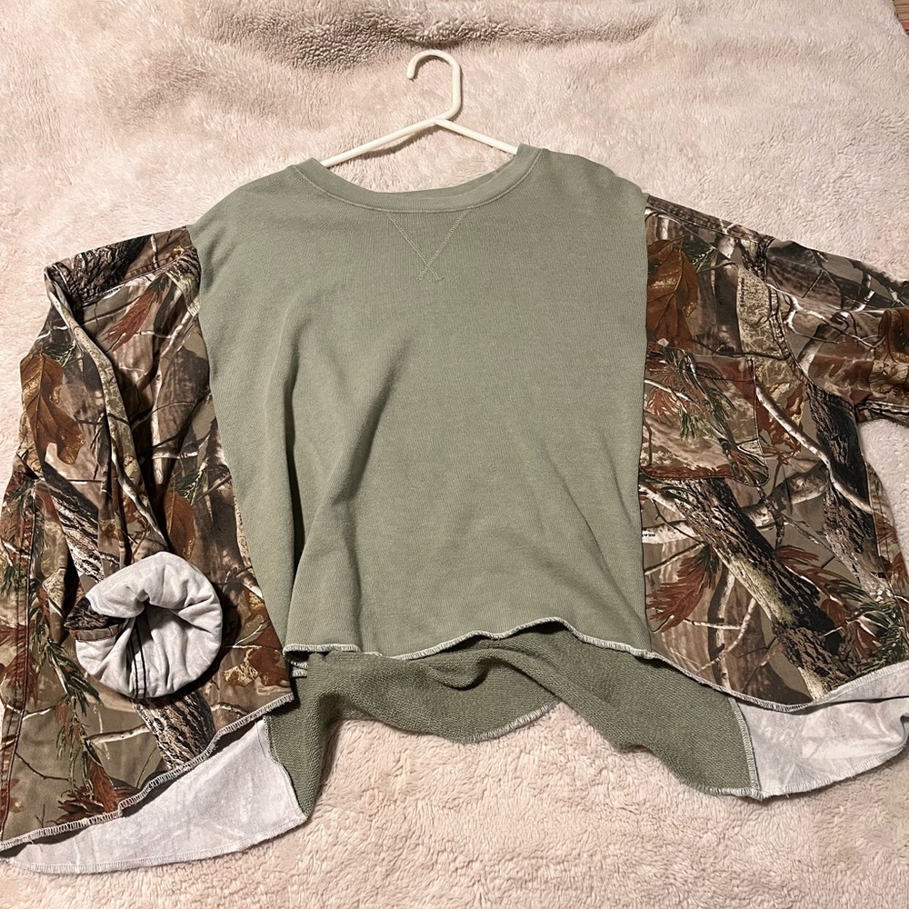 Repurposed oversized Green & Camo long sleeve patchwork top